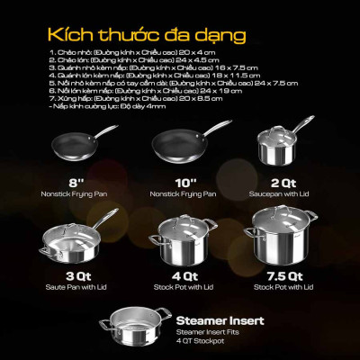 Bộ nồi inox Ciwete SS0103-11PC NEW-SS set 7 món ( 2 chảo inox, 1 quánh, 1 nồi chảo, 2 nồi, 1 xửng hấp) Hàng chính hãng
