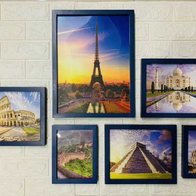 Bộ khung ảnh gỗ thông xanh Navy kì quan thế giới 9 BINBIN KAT143/Tặng đinh 3 chân