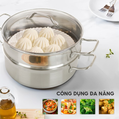 Xửng hấp 2 tầng Lebenlang LBL2537 và LBL2538, size 26, 28cm, vung kính, dùng cho mọi loại bếp - hàng chính hãng