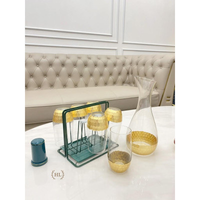 Bộ bình cốc thủy tinh mạ vàng phong cách Scandinavia | Bộ bình cốc thủy tinh chịu nhiệt borosilicate vân tổ ong