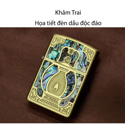 Vỏ Hột Quẹt Bật Lửa Xăng Đá Zorro Z8750 Khảm Trai Khắc Họa Tiết Đèn Bão Cổ Xưa Cực Độc