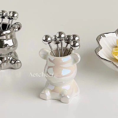 Bộ 6 Nĩa Ăn Trái Cây Bằng Thép Không Gỉ Kèm Hộp Đựng Hình Gấu Bearick Bằng Gốm Cao Cấp Sang Trọng - HÀNG CHÍNH HÃNG MINIIN