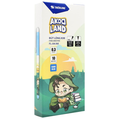 Hộp 10 Bút Lông Kim 0.3 mm - Nhân Vật Akooland Tahi - Thiên Long FL-04/AK - Mực Xanh