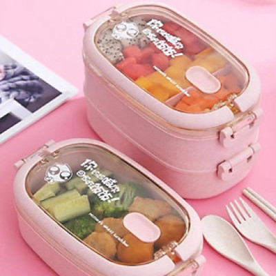 Hộp Đựng Cơm Văn Phòng Lúa Mạch 2 Tầng Tặng Kèm Đũa, Muỗng, Nĩa - HENRYSA