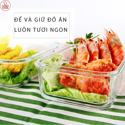Bộ Hộp Cơm Thủy Tinh Chịu Nhiệt COBACOOK 1 hộp 400ml 2 hộp 370ml và túi giữ nhiệt - CCR4L33BS