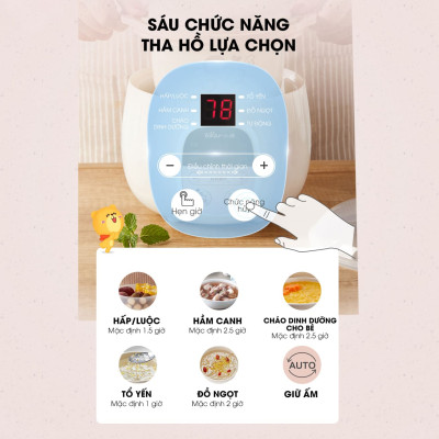 Nồi Ninh, Hấp, Nấu Cháo, Nấu Đồ Ăn Dặm Cho Bé 4 Trong 1 BEAR SUBE001 Có Lồng Hấp Dung Tích 0.8 L Công Suất 200W - Hàng Chính Hãng