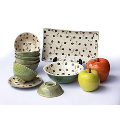 Bộ chén đĩa men xanh đồng vẽ hoa sao 10SP MNV-MXH032