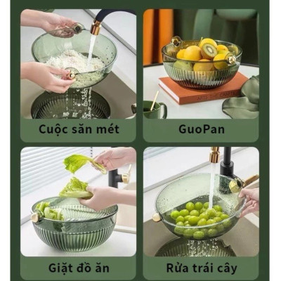 Rổ Rửa Rau Củ Quả Hai Lớp Ráo Nước Trong Suốt Dùng Trong Nhà Bếp - Rổ Đa Năng 2 Trong 1 - Hàng Chính Hãng MINIIN