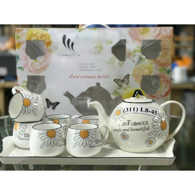 BỘ ẤM CHÉN PHA TRÀ KÈM KHAY SỨ HOA TIẾT HOA ( GIAO NGẪU NHIÊN )