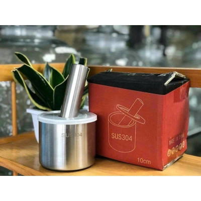Cối Chày Inox 304  Có Nắp Đậy Cao Cấp – Giã Tỏi Ớt, Gia Vị, Thực Phẩm Nhanh Chóng, Sạch Sẽ Size 10cm