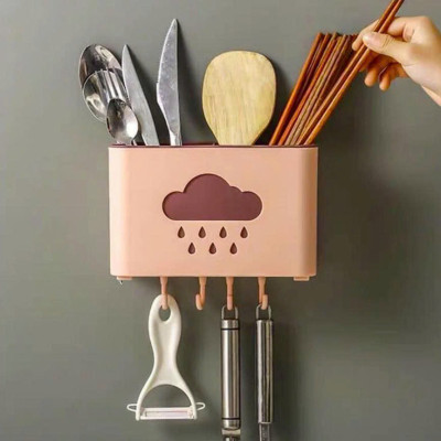Hộp đựng đũa muỗng treo tường kèm móc treo khăn và dụng cụ bếp, ống đựng đũa muỗng hình đám mây