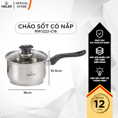 Chảo sốt có nắp cao cấp KIELER đáy từ 16cm nấu nhanh, tiết kiệm điện, có 2 lớp chống dính Whitford RW1222-C16