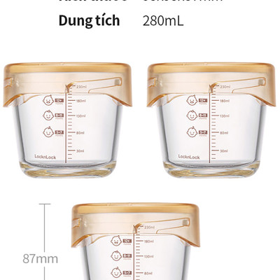 Bộ 3 hộp thủy tinh đựng thực phẩm cho bé LocknLock Baby Food container LLG542S3IVY - 280ml, Nắp vặn chống tràn, chất liệu không BPA an toàn cho trẻ em, có vạch chia - Hàng chính hãng