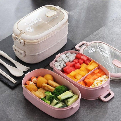 Hộp Đựng Cơm Văn Phòng Lúa Mạch 2 Tầng Tặng Kèm Đũa, Muỗng, Nĩa - HENRYSA