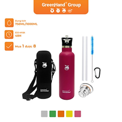 Bình giữ nhiệt 48H GreenHand inox cao cấp 750ml kèm túi vải, gói 2 nắp, bộ ống hút và cọ vệ sinh tiện lợi