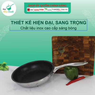 Chảo Chống Dính 3 Lớp Vân Đá Inox 304 Và Nắp Kính Fivestar (24cm)