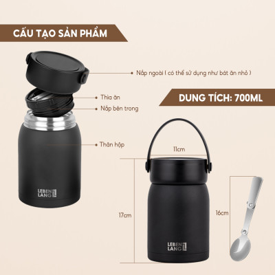 Hộp cơm giữ nhiệt Lebenlang LBL3038, cà men dung tích 700ml, chất liệu inox 304, kèm muỗng - hàng chính hãng 