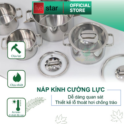 Bộ nồi và chảo chống dính vân đá inox 304 cao cấp Fivestar Plush 5 món nắp kính , tặng 10 muỗng ăn