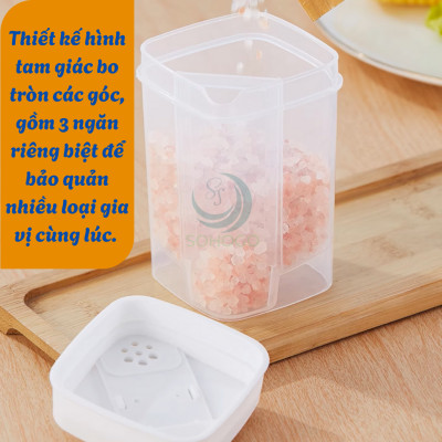 Hũ Gia Vị Đa Năng 3 Ngăn Nắp Gạt Thông Minh- Lọ Đựng Gia Vị Mini Đa Dụng Chia Ngăn- Hộp Đựng Muối, Đường, Tiêu 3 Trong 1- Hũ Gia Vị Nắp Đậy Tiện Dụng Có Lỗ Rắc
