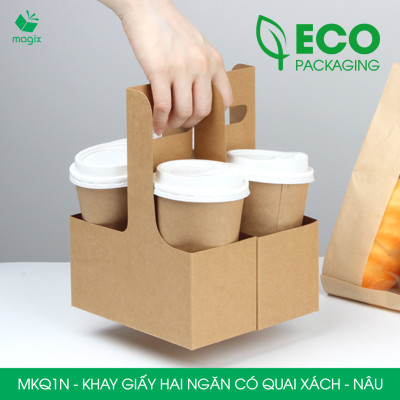 MKQ1N - 17.5x8x9 cm - Combo 100 Khay giấy 2 ngăn quai xách màu nâu siêu chắc, hộp giấy 2 ngăn chống thấm đựng ly nước, hoa và quà tặng