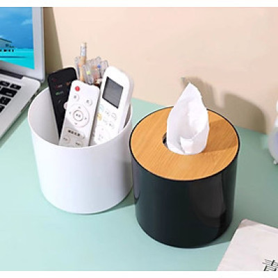 Hộp đựng khăn giấy phong cách Nhật Bản nắp gỗ basic hình trụ tròn