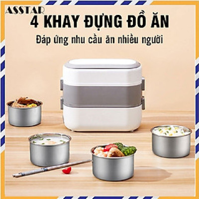 Hộp Cơm Cắm Điện, Hộp Cơm Văn Phòng, Hâm Nóng Và Có Thể Nấu Chín Thức Ăn, Hộp Cơm 4 Ngăn Ruột Inox 304 Cao Cấp - Hàng Nhập Khẩu