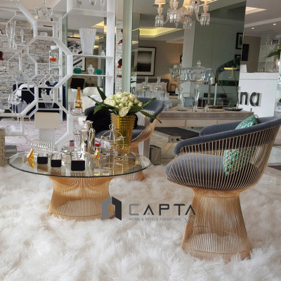 Bàn Sofa mặt kính cường lực TS PLATNER GOLD 08 Nội thất Capta Bàn sofa mặt kính tròn·cường lực Platner chân sắt mạ màu vàng gold