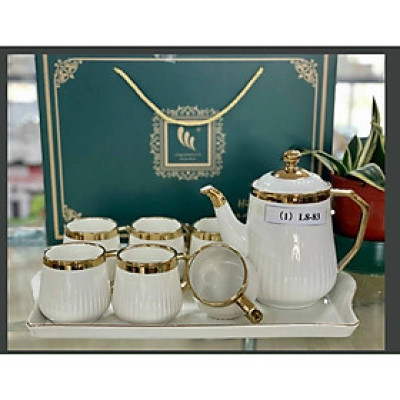 BỘ ẤM CHÉN KÈM KHAY SỨ PHA TRÀ CÀ PHÊ TRẮNG VÂN TĂM VIỀN VÀNG CAO CẤP