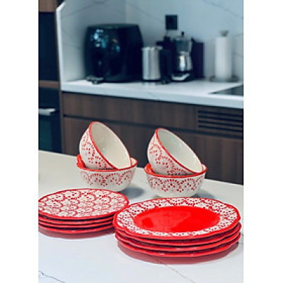 Set bát đĩa sứ The Pioneer Woman hoa đỏ (4 bát, 8 đĩa) hàng chính hãng
