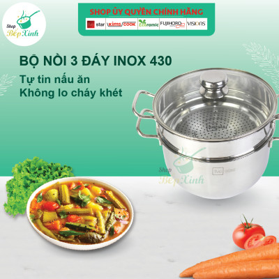 Bộ nồi xửng hấp bếp từ Fivestar 3 đáy nắp kiếng ( 24 cm ) ,TẶNG 1 VÁ CANH