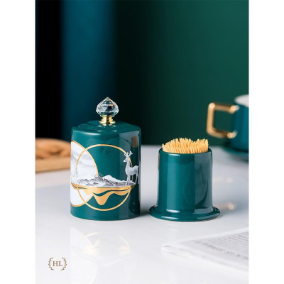 Lọ Đựng Tăm Xanh Sứ Hoa Văn Hươu Cao Cấp Vàng Kim 2022 | Hũ sứ có nắp đậy đính đá size To