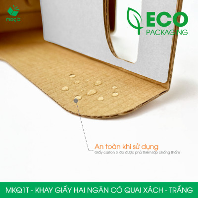 MKQ1T - 17.5x8x9 cm - Combo 60 Khay giấy 2 ngăn quai xách màu trắng siêu chắc, hộp giấy 2 ngăn chống thấm đựng ly nước, hoa và quà tặng