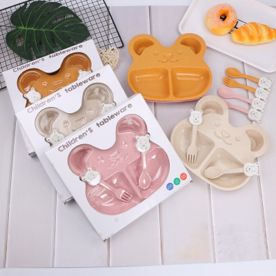 Bộ Khay Ăn Dặm Cho Bé 2 Ngăn Hình Gấu (kèm Muỗng, Nĩa) - hàng cao cấp