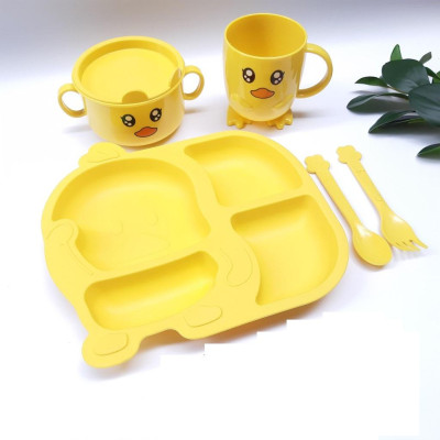 Bộ bát đĩa khay ăn dặm cho bé cute hình vịt vàng 5 món khay, bát, cốc , thìa ,đũa , dĩa ăn