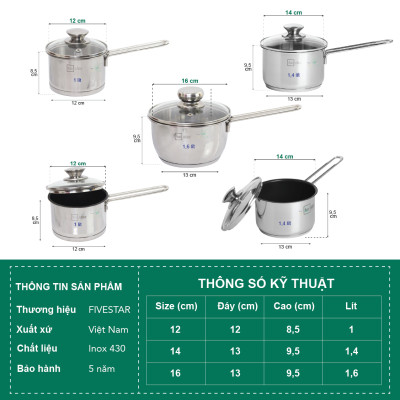 Quánh chống dính bột cháo 3 đáy inox 430 Fivestar Standard nắp kính bếp từ tặng 5 muỗng ăn