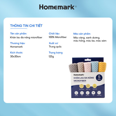 Khăn lau bếp đa năng siêu thấm hút, lau kính, xe ô tô, combo 5 cái Homemark