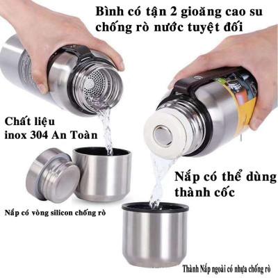 Bộ Bình Nước Giữ Nhiệt Cute 1000-1500ml Inox Giữ Nhiệt Nóng Lạnh 8-12 Tiếng Có Nắp Uống, Lưới Lọc Trà Hãng miDoctor