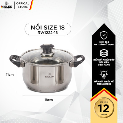 Nồi Inox 5 đáy KIELER đáy từ 18cm nấu nhanh, tiết kiệm điện, có 2 lớp chống dính Whitford ít bám dầu mỡ RW1222-18