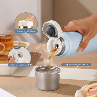 Bình giữ nhiệt inox 304 Elmich EL8328 480ml, Hàng chính hãng, nắp tích hợp làm cốc uống, đế silicone chống trượt - JoyMall