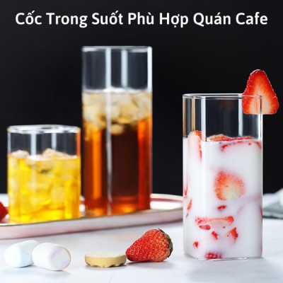 Ly thủy tinh vuông trong suốt uống nước cute chịu nhiệt  pha cafe sinh tố, Cốc thủy tinh vuông dễ thương cocktail