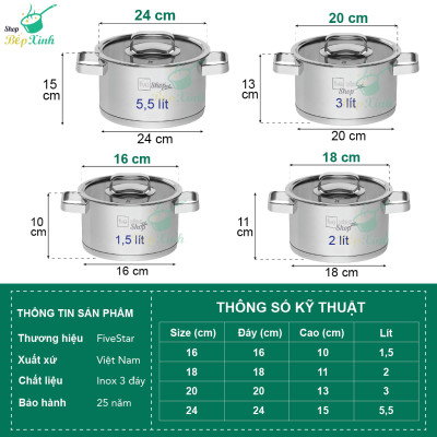 Bộ Nồi Inox 304 Cao Cấp Fivestar 3 Đáy Từ 4 Món Nắp Kính ( tặng 10 muỗng ăn )