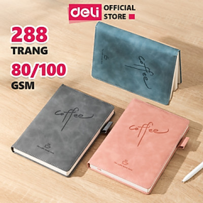Sổ Tay Ghi Chép A5 Bìa Da Kẻ Ngang Deli - 288 Trang Sổ Tay Bìa Da Chống Nước 80/100gsm Làm Quà Tặng Sang Trọng