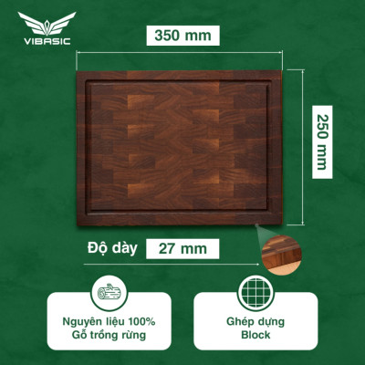 Thớt gỗ óc chó Vibasic kích thước 35x25x2.7, dùng để cắt thái thực phẩm, kèm hộp quà tặng cao cấp - Hàng chính hãng Bộ Quốc Phòng