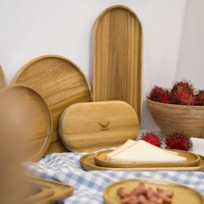 Khay gỗ keo đa năng hình oval Vibasic, đa dạng kích thước, chụp hình decor đựng đồ trang trí