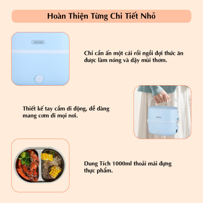 Hộp cơm cắm điện văn phòng JIDOSA JD3860 2 khay inox dung tích 1L giữ nhiệt, hâm nóng và tự nấu chín đa năng nhiều màu