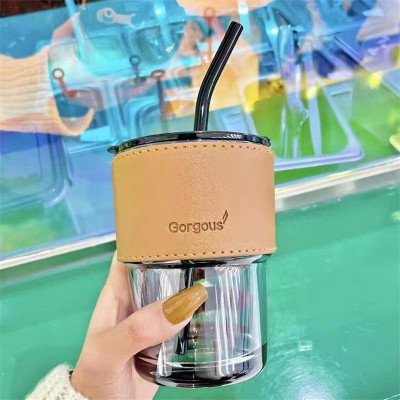 Ly Thuỷ Tinh Giữ Nhiệt Bọc Da Cao Cấp Giữ Nhiệt Từ 6 Đến 8 Tiếng - Có Nắp Và Ống Hút - Dung Tích 450ml - Hàng Loại 1- MINIIN