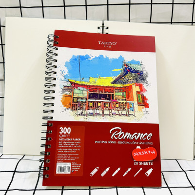 Sổ Vẽ Lò Xo Đa Năng Cao Cấp 20 Tờ Size A4-A5 Định Lượng Giấy 200GMS Và 300GMS Bìa Nhựa Chống Thấm Nước ROMACE TAKEYO, Sổ Vẽ Chuyên Dùng Cho Màu Nước