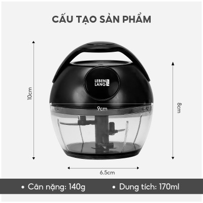 Dụng cụ xay tỏi ớt, thực phẩm Lebenlang LBL3777, 170ml, lưỡi dao 3 cánh sắc bén, dây kéo rút tiện lợi - hàng chính hãng