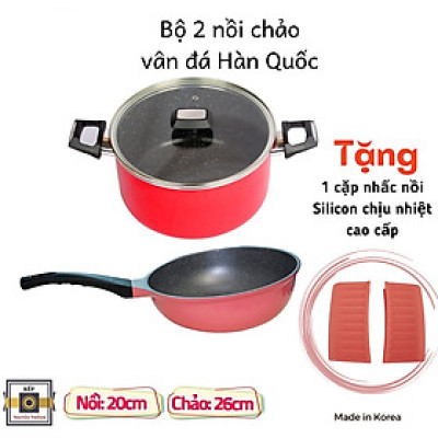 Tặng cặp nhấc nồi- Combo 2 món cao cấp Hàn Quốc, nồi chống dính vân đá Kimscook size 20 cm và Chảo đúc chống dính vân đá Ecoramic sâu lòng 26 cm, dùng được tất cả các bếp( trừ bếp từ)