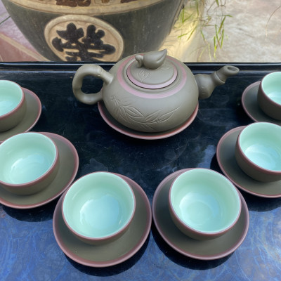 Bộ ấm trà tử sa trúc đào S1 xanh chỉ lòng xanh